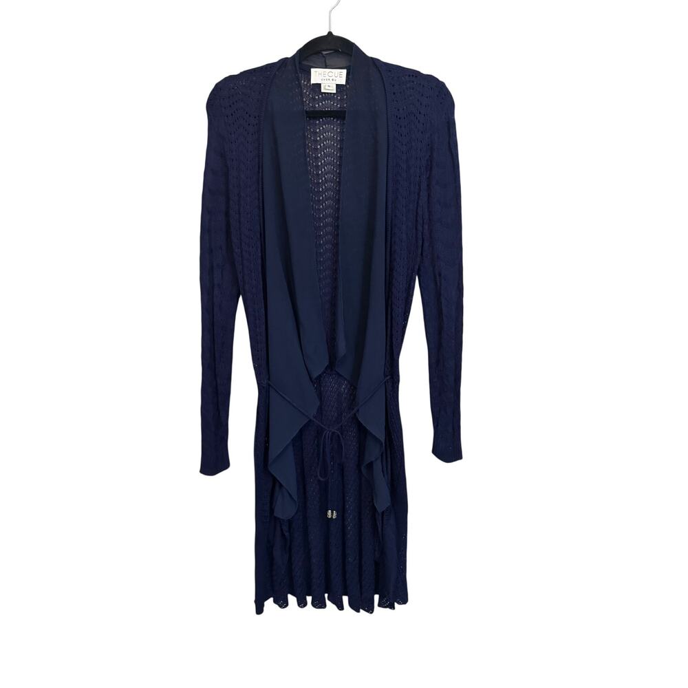 The Cue Cher Qu Womens Cardigan Medium Blue Boho Open Knit Waterfall Tie Front